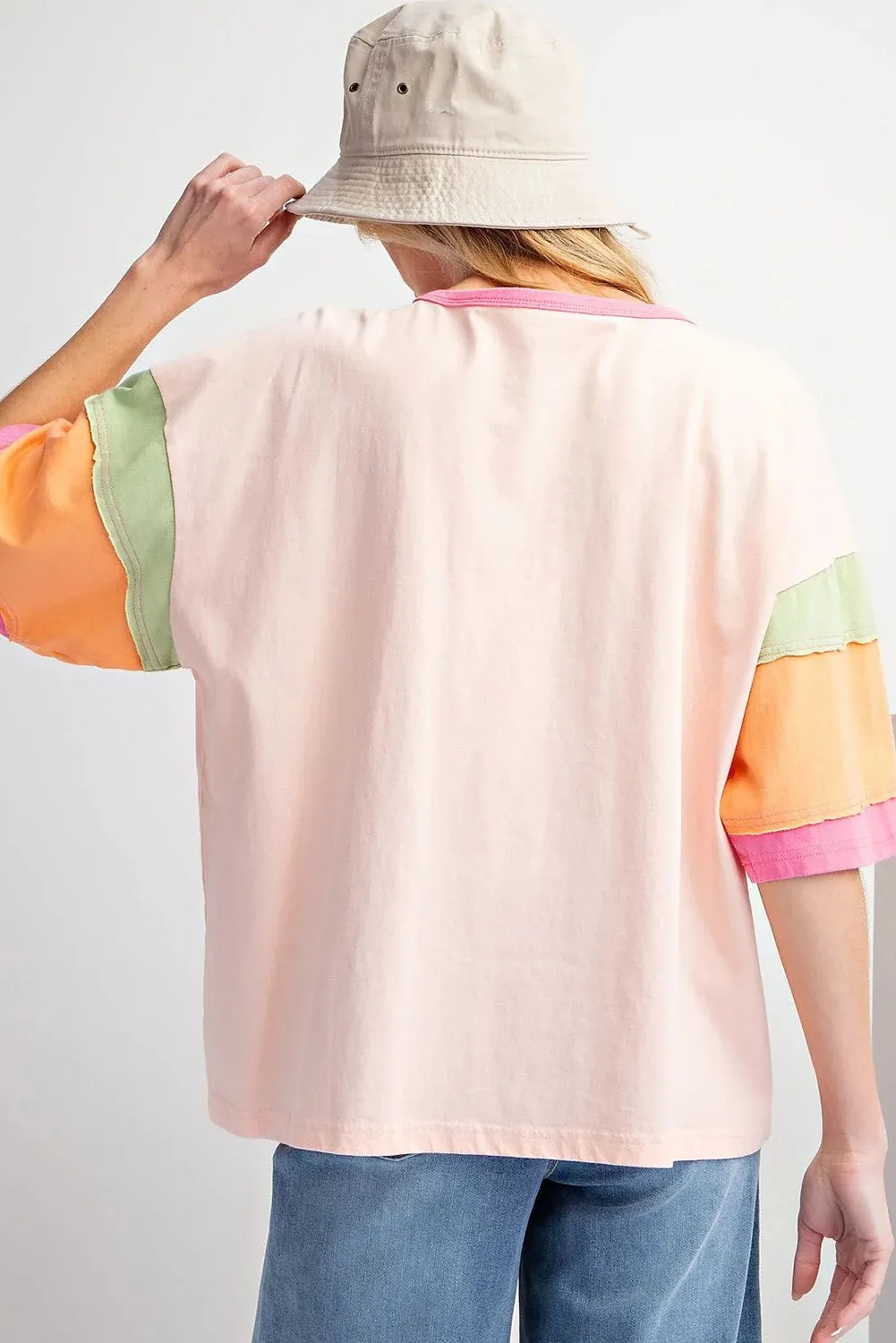 Pink Football Chenille Embroidered Color Block Half Sleeve T Shirt