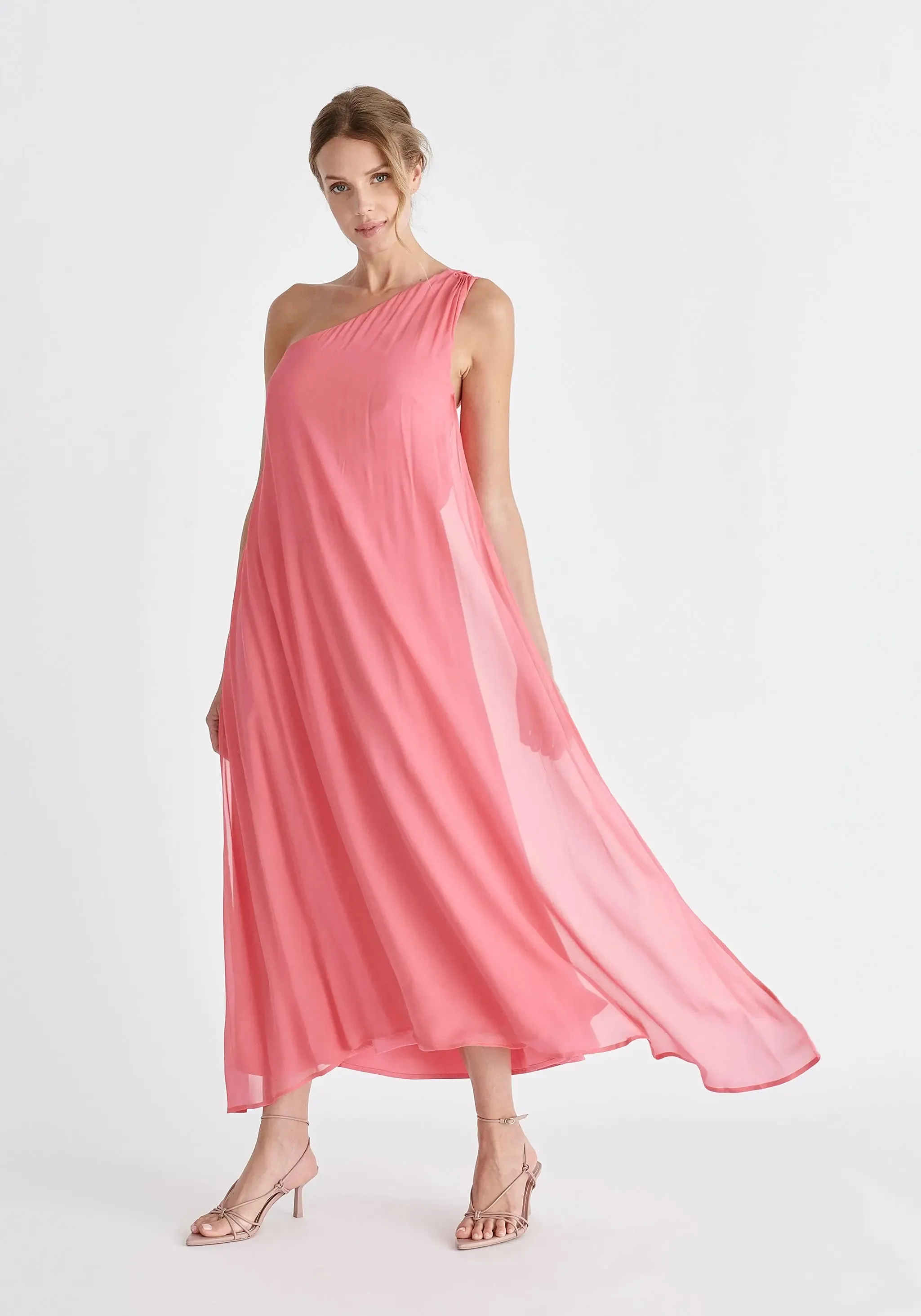 Pink One Shoulder Flowy Dress