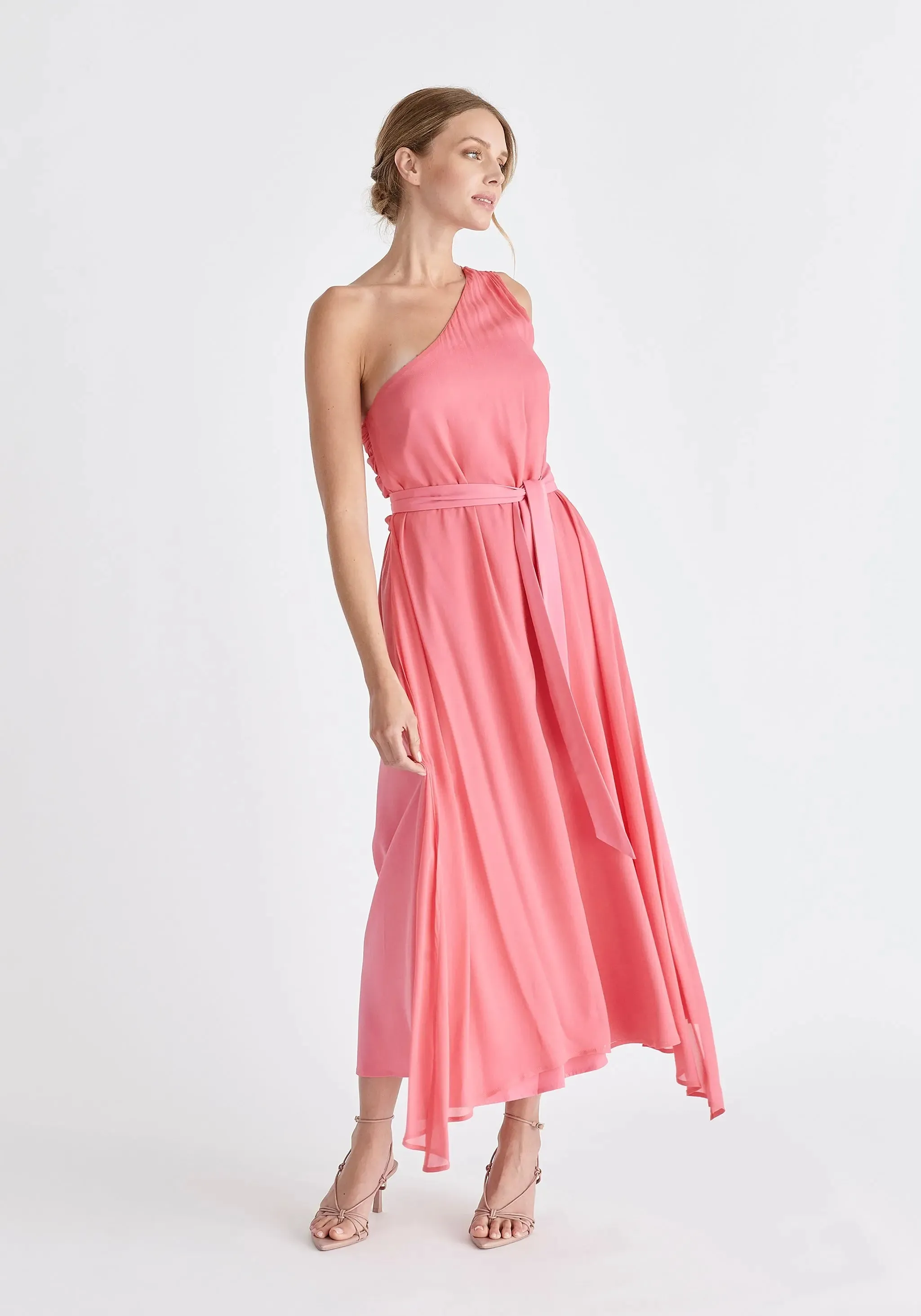 Pink One Shoulder Flowy Dress