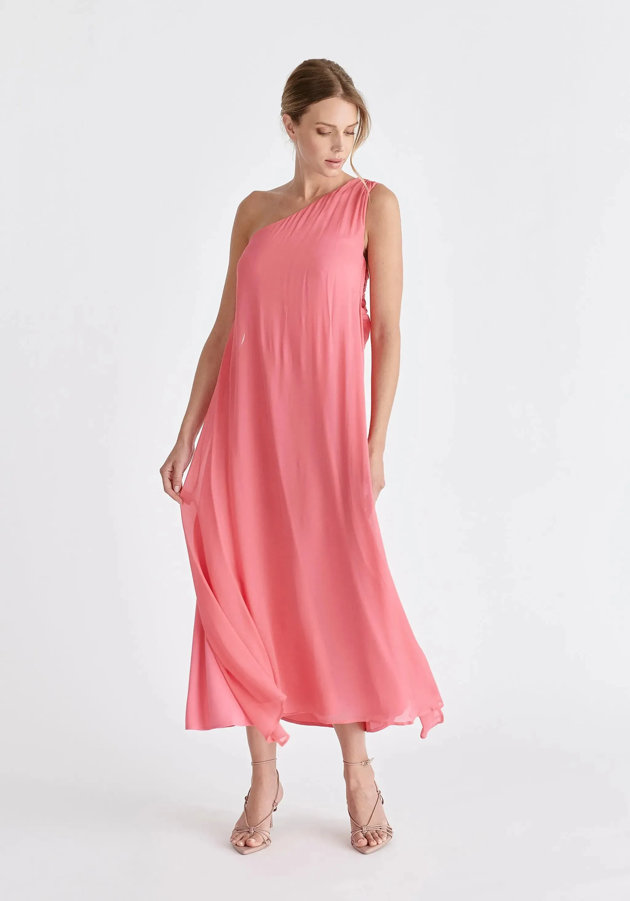 Pink One Shoulder Flowy Dress