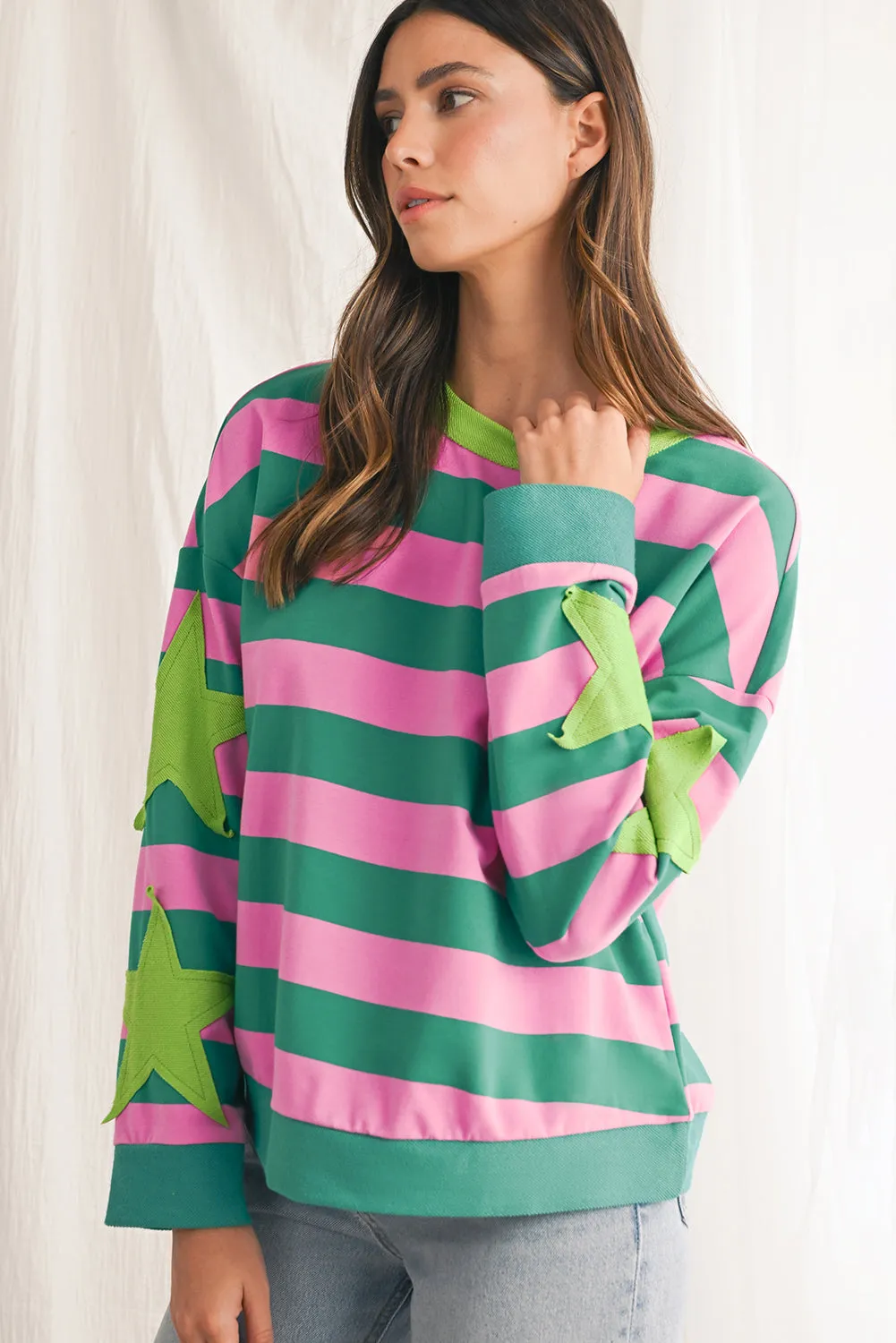 Pink Stripe Star Patchwork Round Neck Pullover Sweatshirt