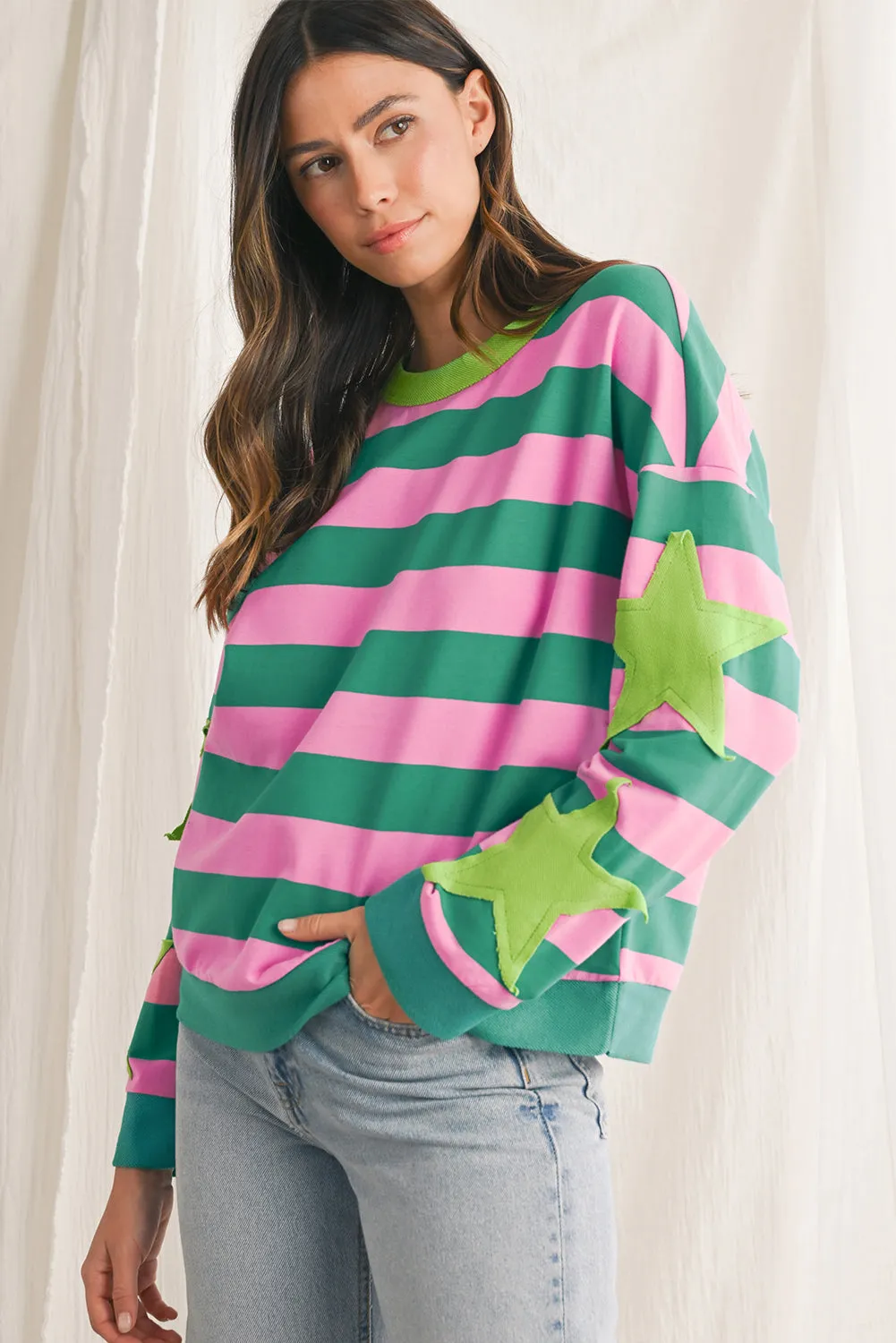 Pink Stripe Star Patchwork Round Neck Pullover Sweatshirt