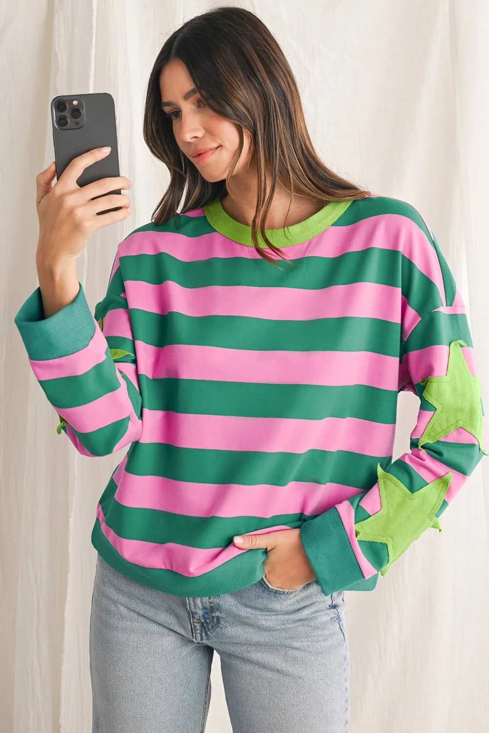 Pink Stripe Star Patchwork Round Neck Pullover Sweatshirt