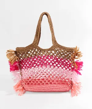 Pink Striped Bag with Interior Pockets and Twin Top Handles