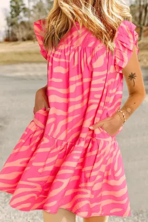 Pink Zebra Stripe Print Ruffle Trim Pocketed Mini Dress
