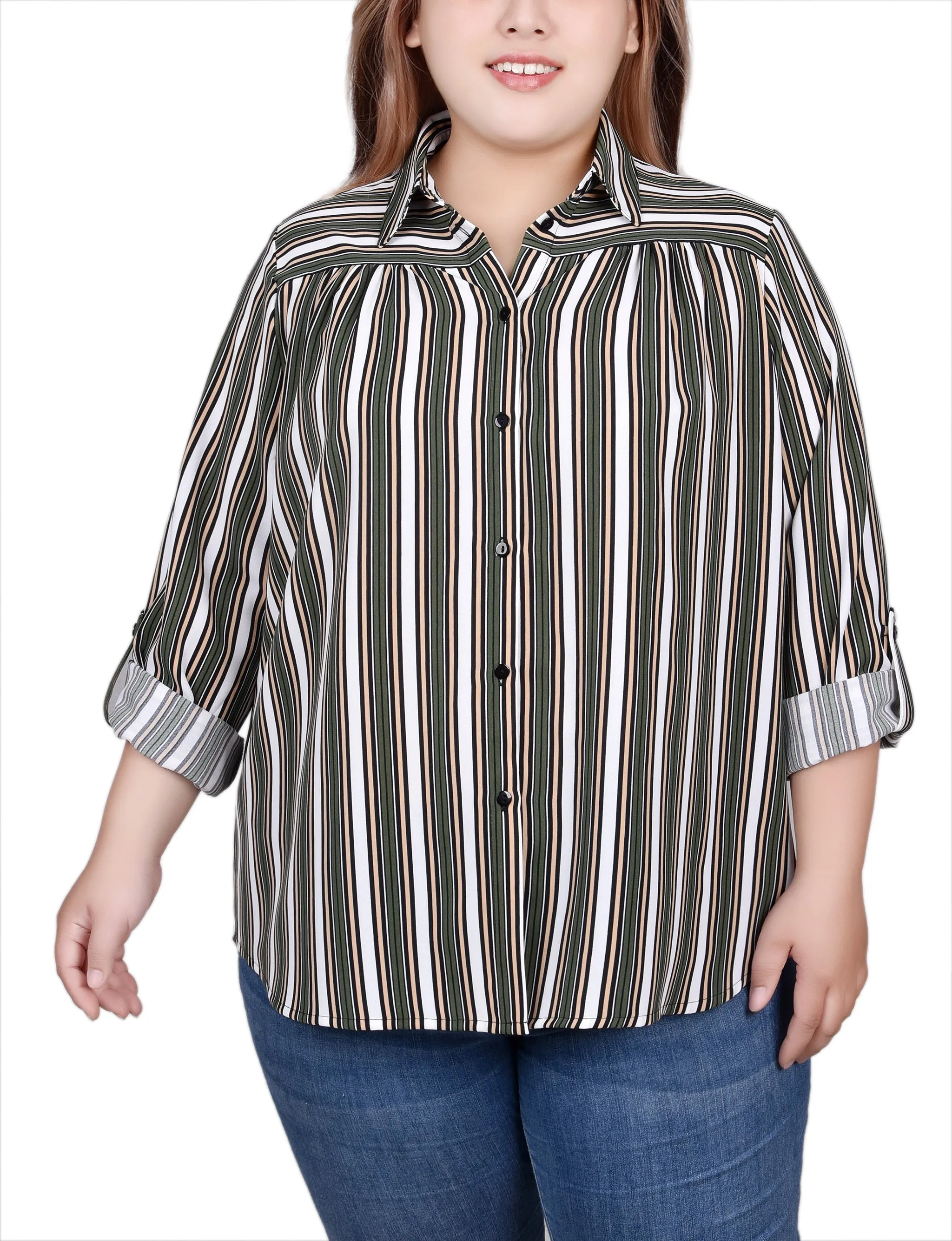 Plus Size Long Roll Tab Sleeve Blouse