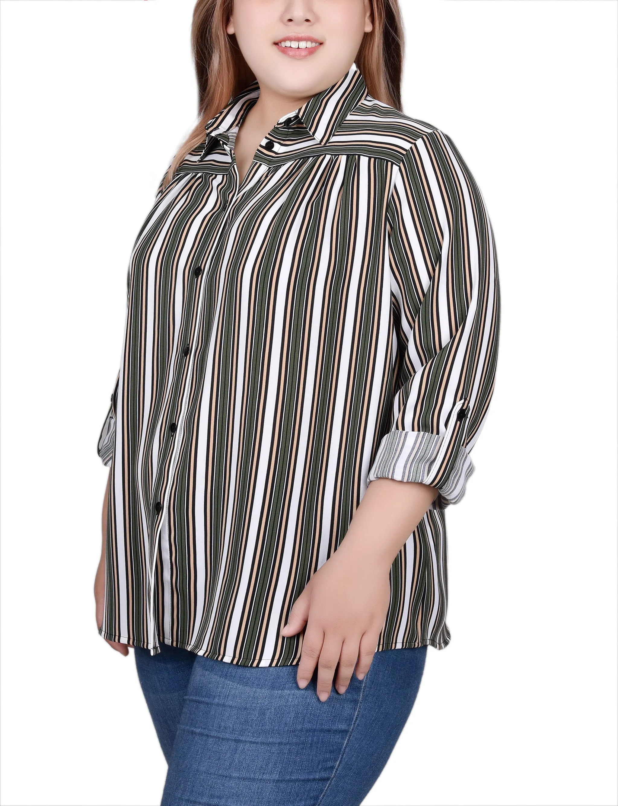 Plus Size Long Roll Tab Sleeve Blouse