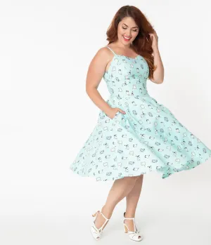Plus Size Retro Style Mint Cats Print Ray Swing Dress