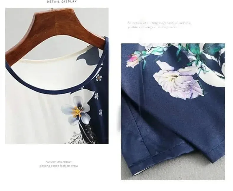 Plus Size Women Silk Satin Floral Blouse