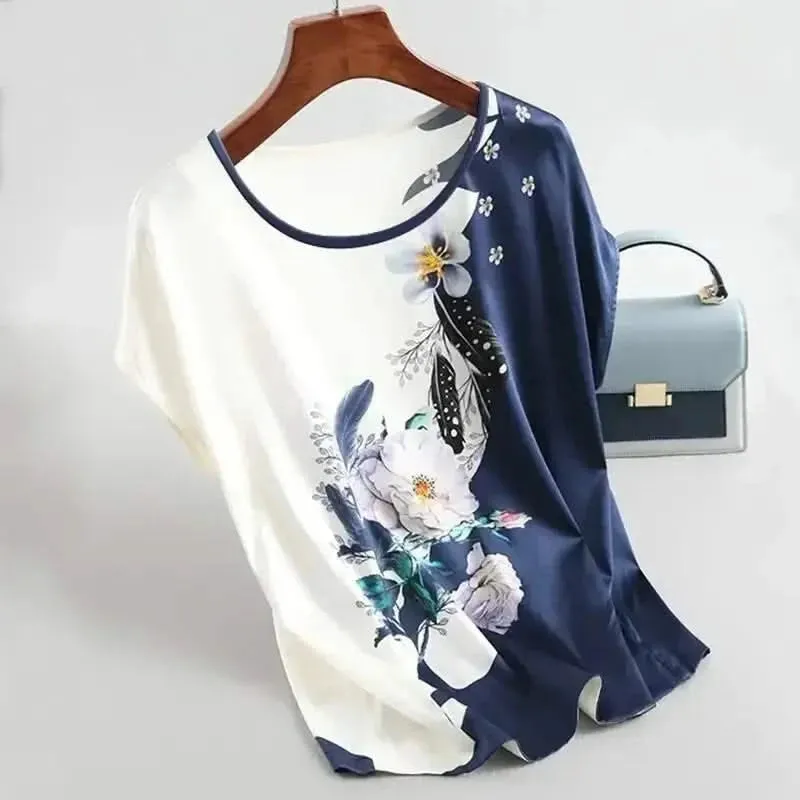 Plus Size Women Silk Satin Floral Blouse