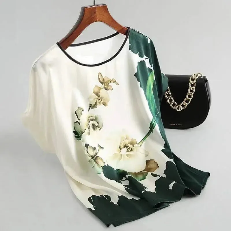 Plus Size Women Silk Satin Floral Blouse