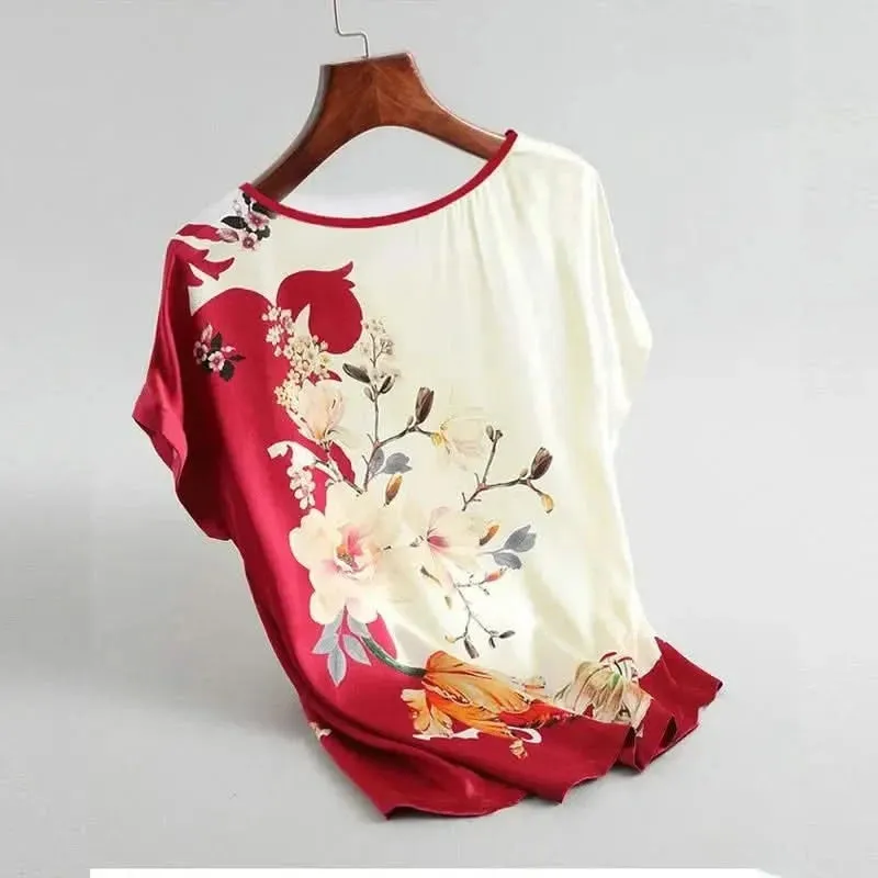 Plus Size Women Silk Satin Floral Blouse