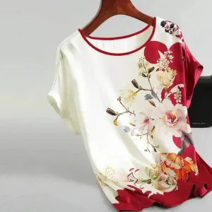 Plus Size Women Silk Satin Floral Blouse