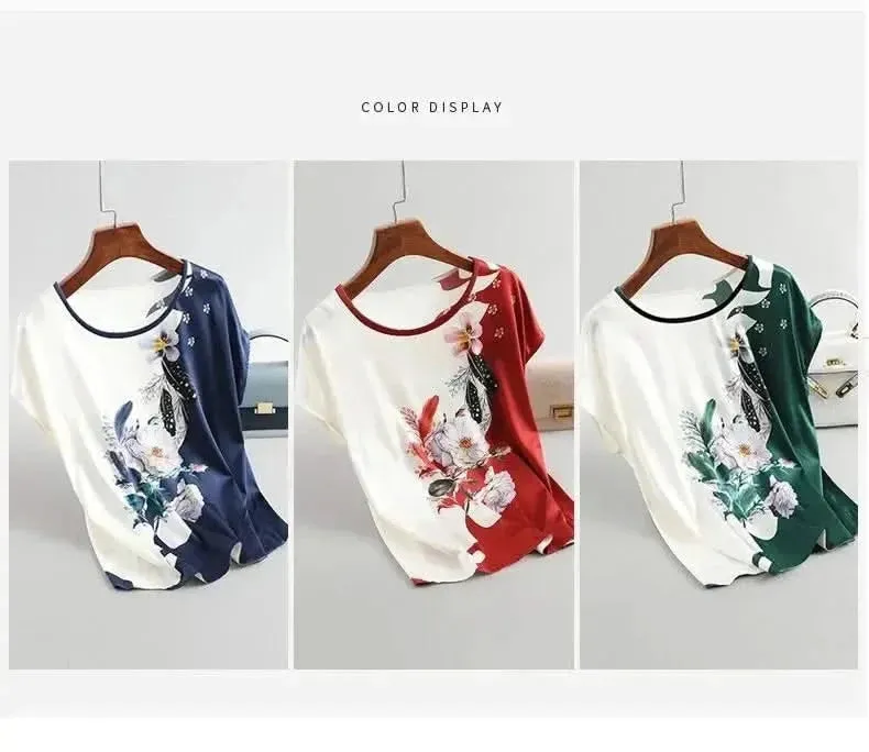 Plus Size Women Silk Satin Floral Blouse