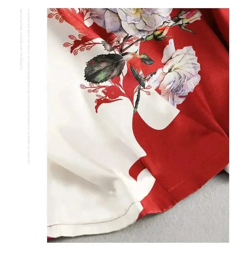 Plus Size Women Silk Satin Floral Blouse