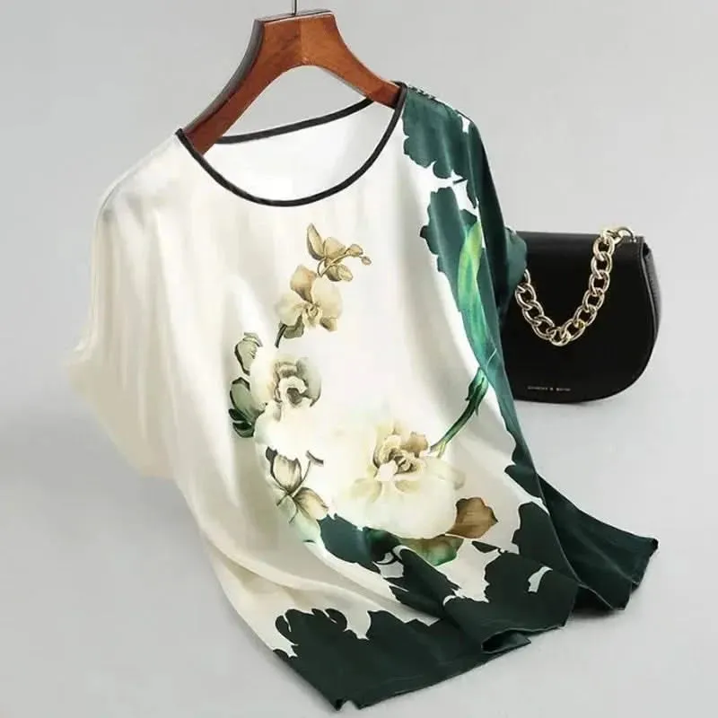 Plus Size Women Silk Satin Floral Blouse