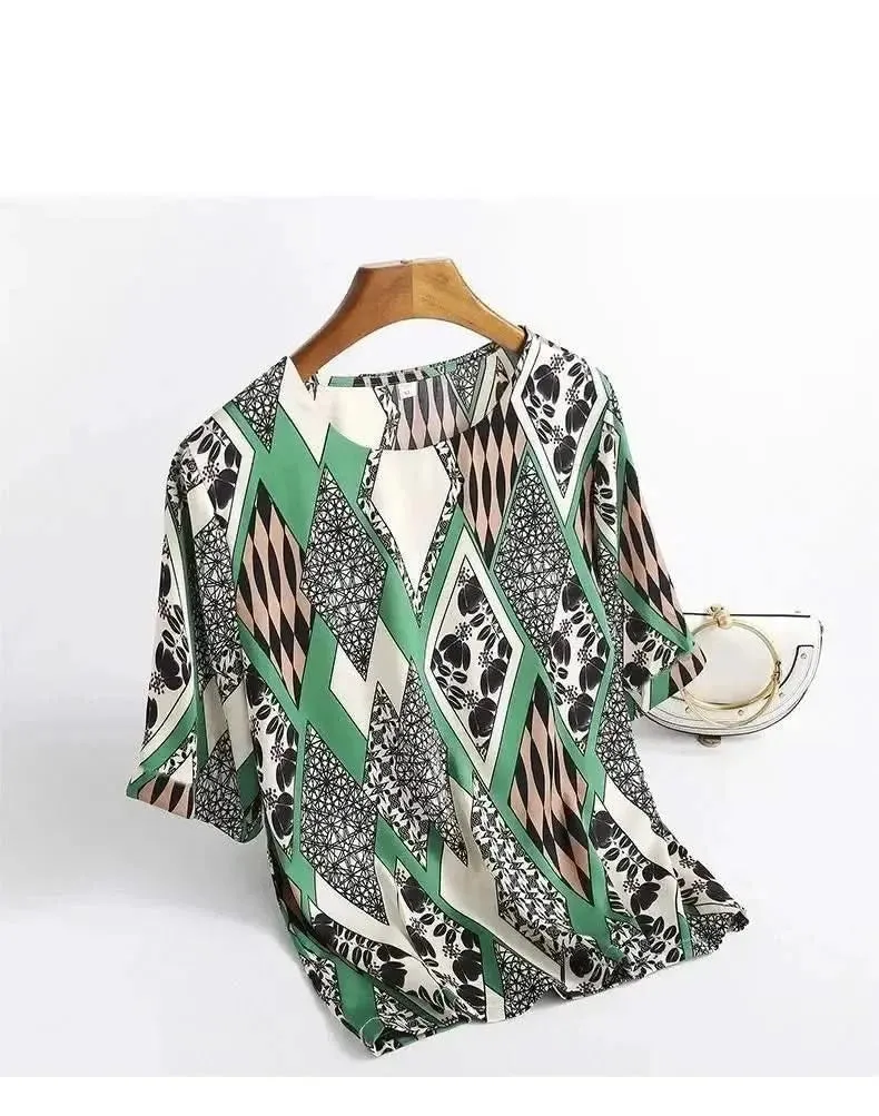Plus Size Women Silk Satin Floral Blouse