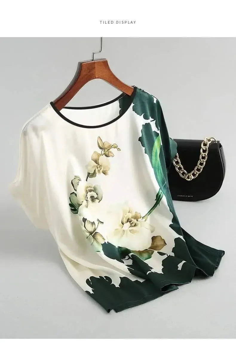 Plus Size Women Silk Satin Floral Blouse