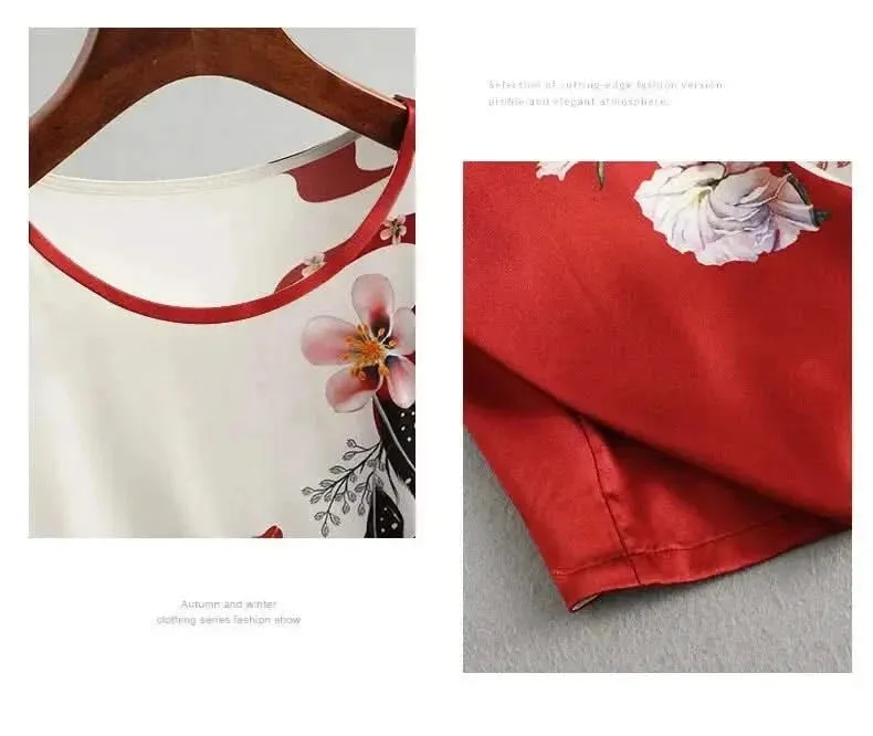 Plus Size Women Silk Satin Floral Blouse