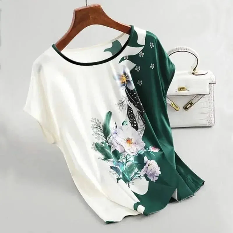 Plus Size Women Silk Satin Floral Blouse
