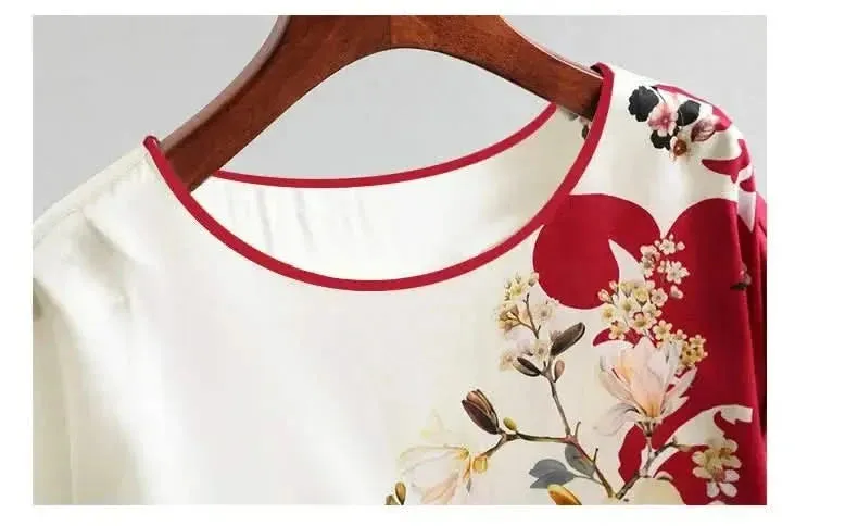 Plus Size Women Silk Satin Floral Blouse