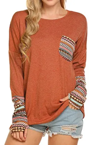 POGTMM Women's Long Sleeve O-Neck Patchwork Casual Loose T-Shirts Blouse Tops with Thumb Holes (M, Z# Orange)