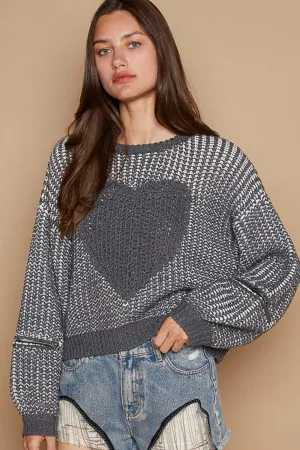 POL Sweater Round Neck Heart Patch Zipper Point Sleeve Pullover