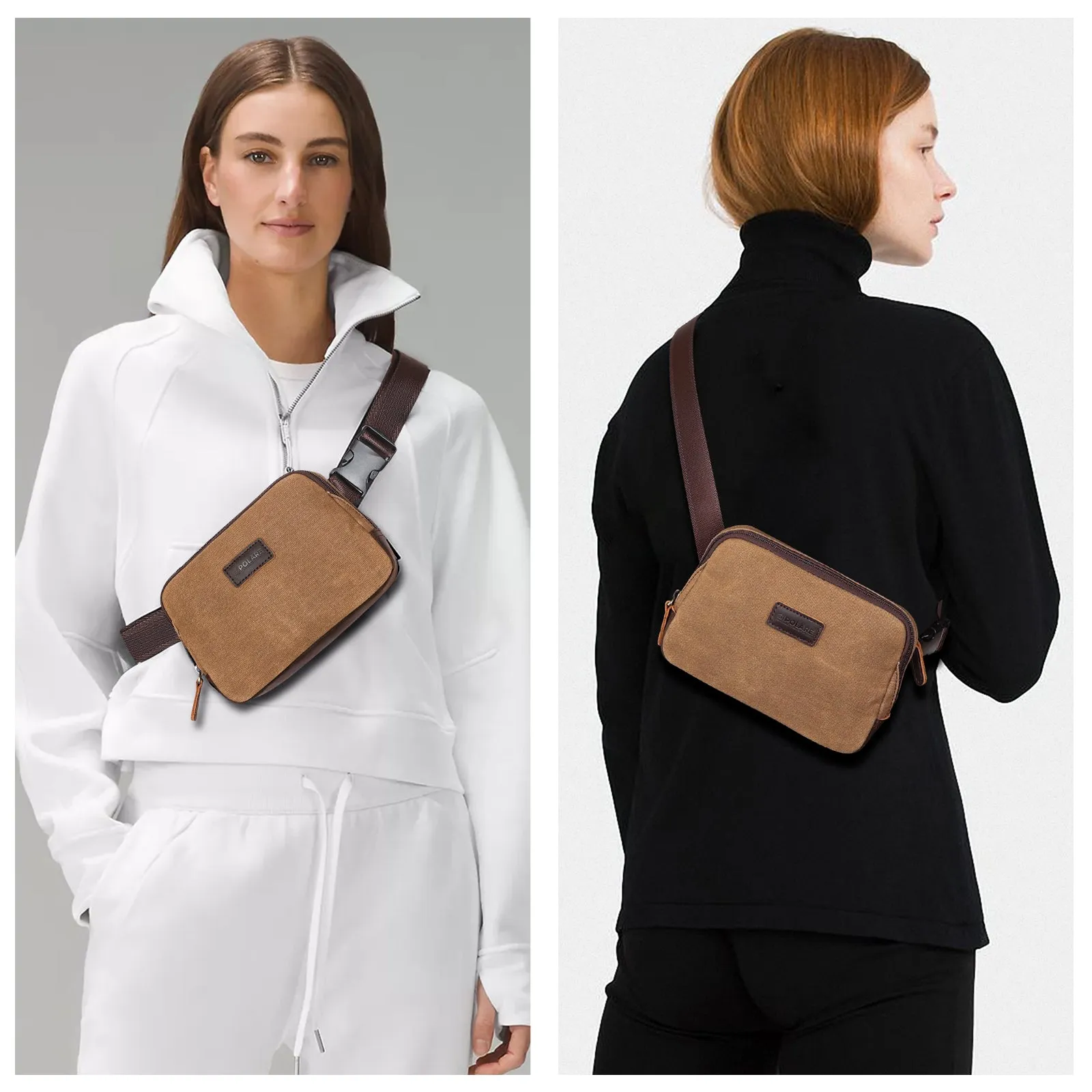Polare Waxed Canvas Full Grain Leather Trim Belt bag Vintage Fanny pack Crossbody Waist Bag with YKK Zipper for Men and Women