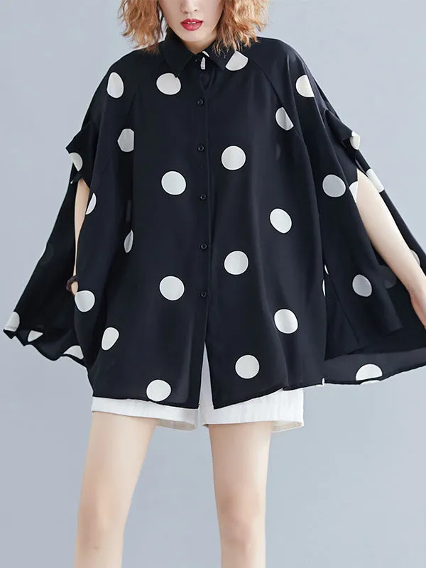 Polka-Dot Batwing Sleeves Loose Lapel Blouses&shirts Tops