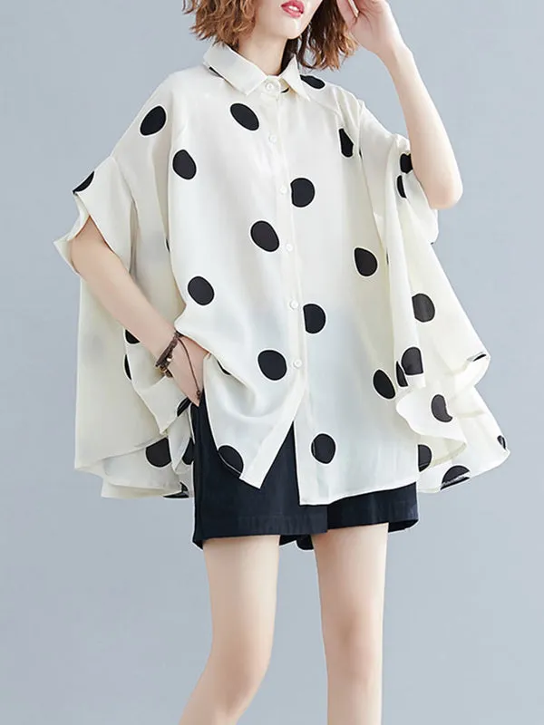 Polka-Dot Batwing Sleeves Loose Lapel Blouses&shirts Tops