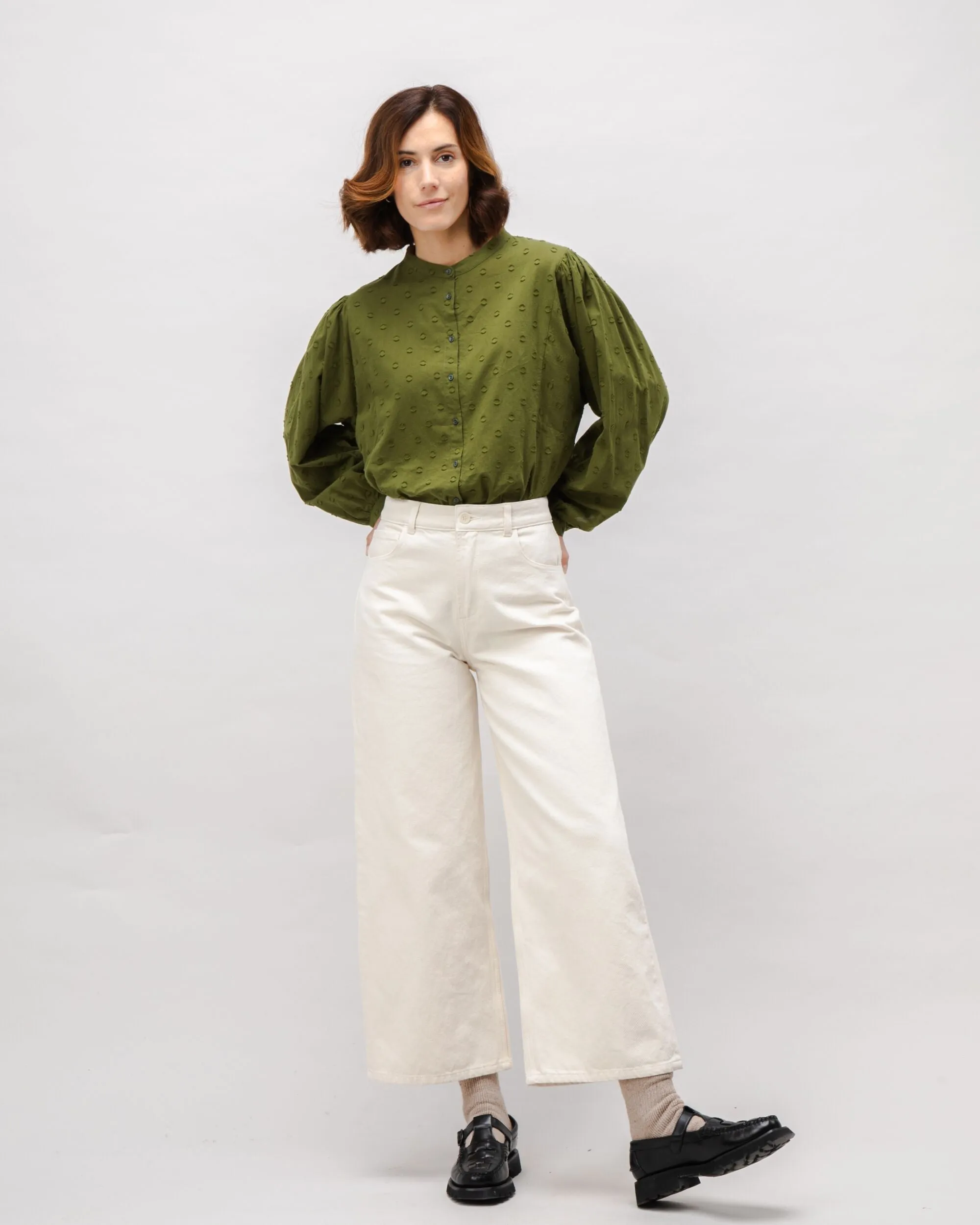 Polka Dot Romantic Cotton Blouse Green