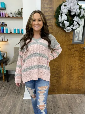 Popcorn stripe V-neck pullover knit sweater