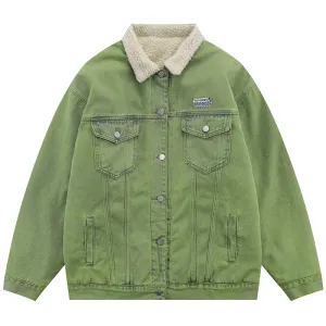 PopFlying Bright Green Denim Jacket Sherpa Lining