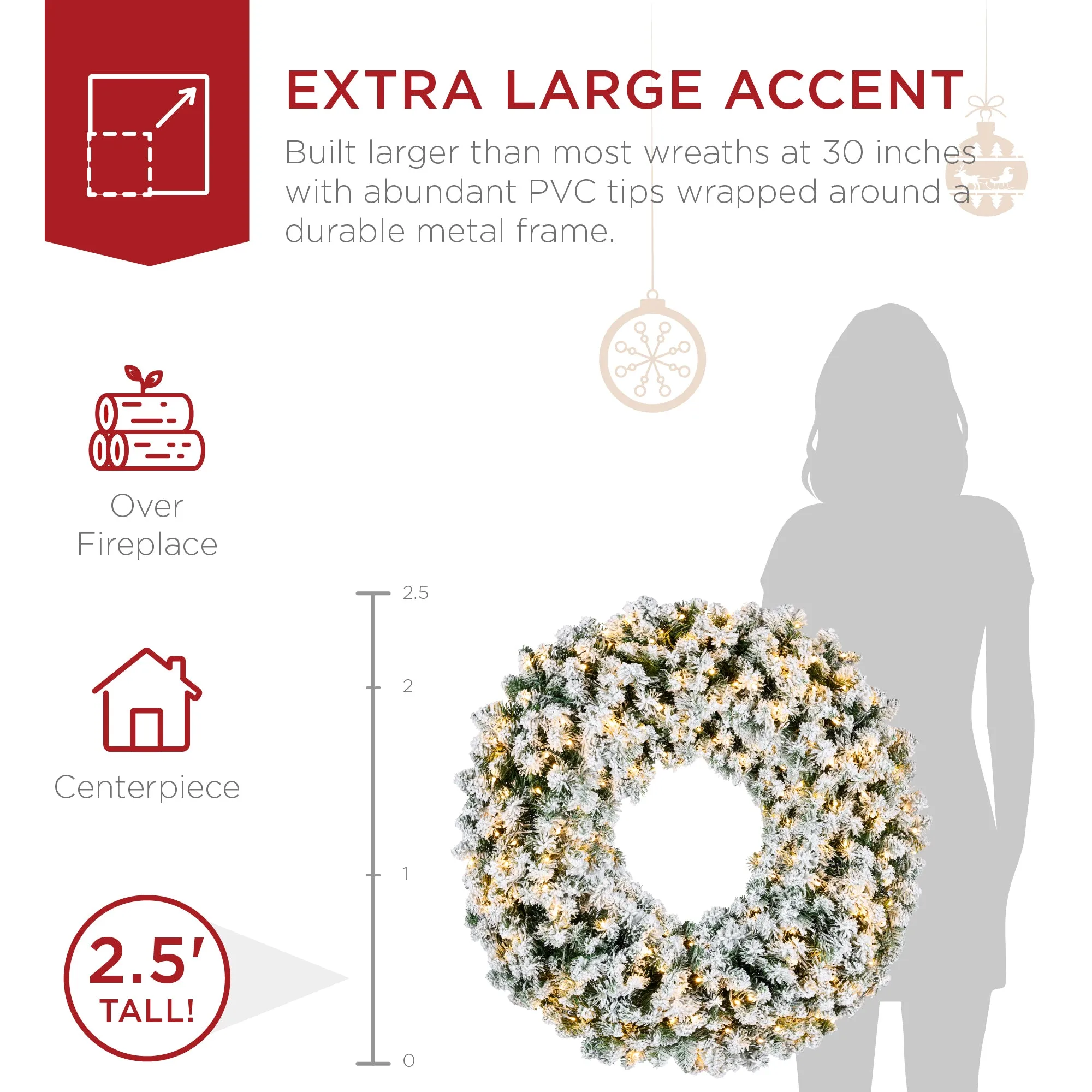 Pre-Lit Flocked Artificial Fir Christmas Wreath w/ 2-in-1 LED Lights