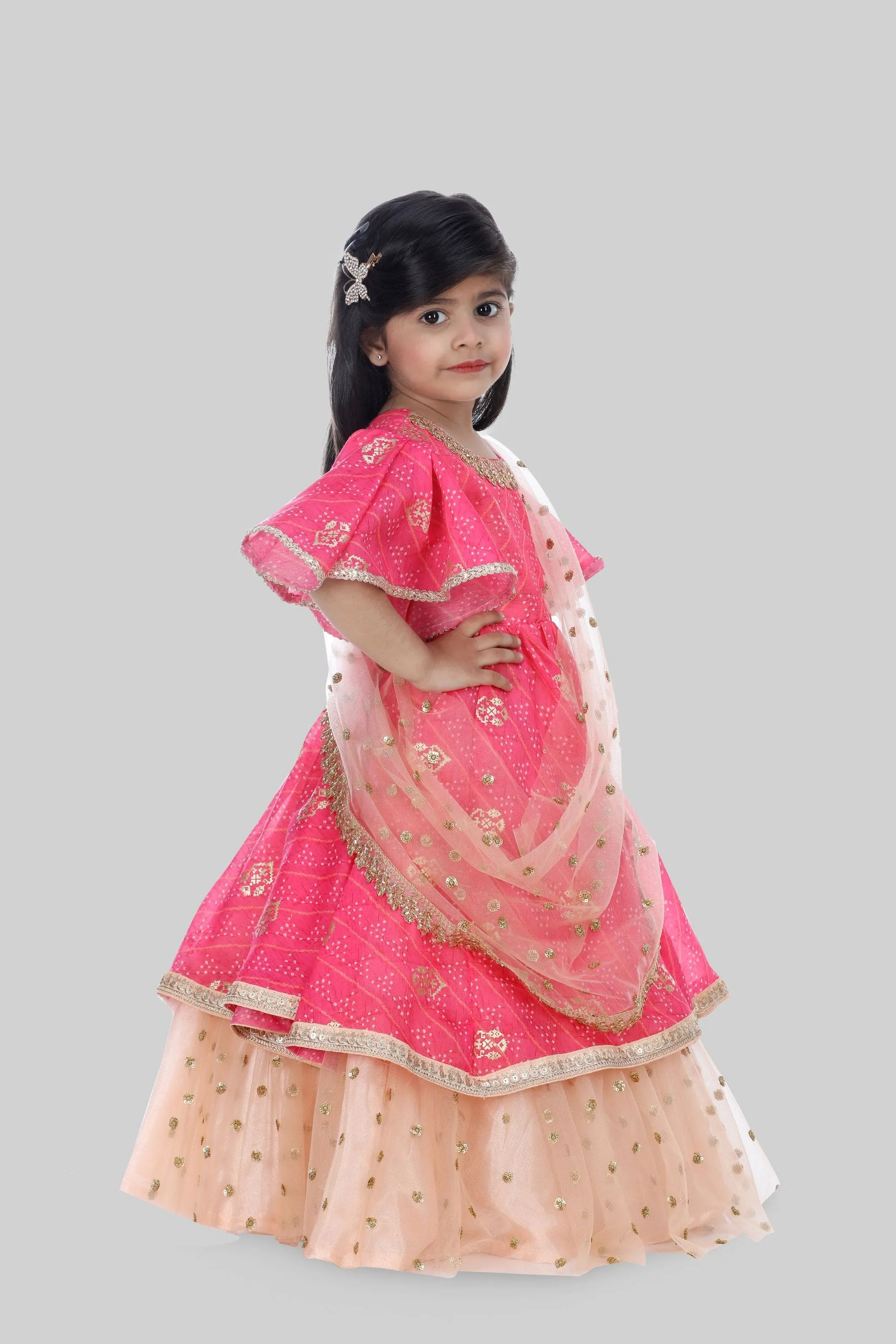 Pre-Order:  Bandhni Printed Layered Anarkali With Attached Dupatta