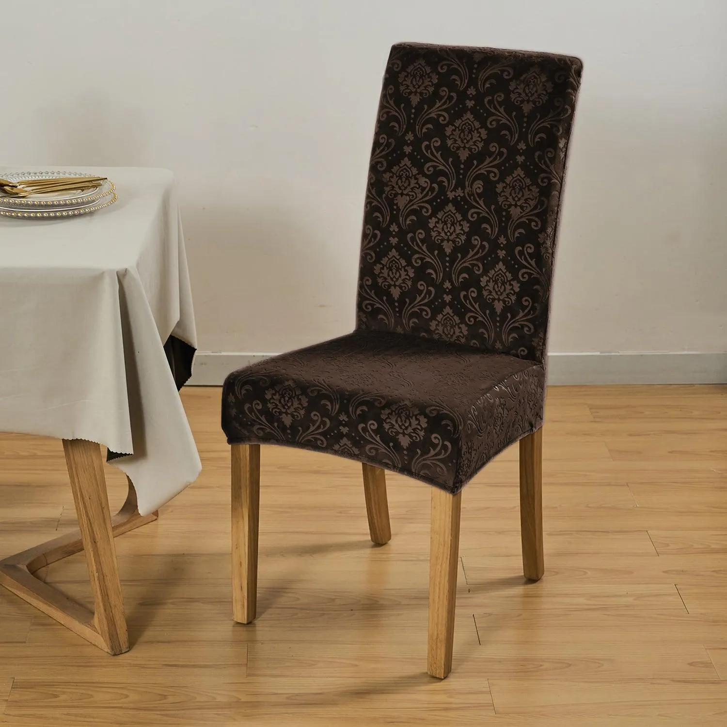 Premium Embossed Velvet Chair Cover Set of 1/2/4/6, Brown
