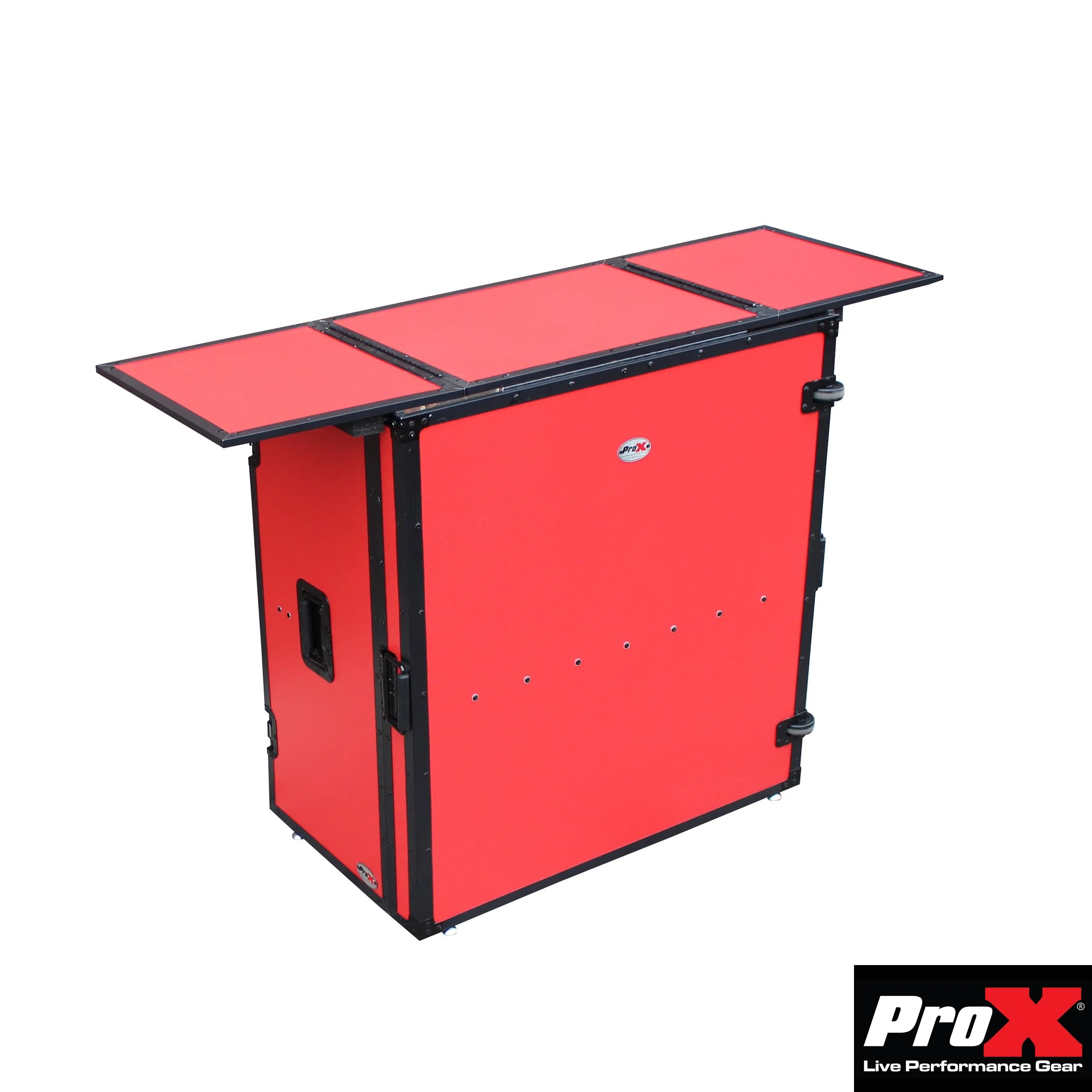 ProX XS-DJSTNRB Transformer Series DJ Folding Workstation Table - Fold Away W-Wheels | Black on Red