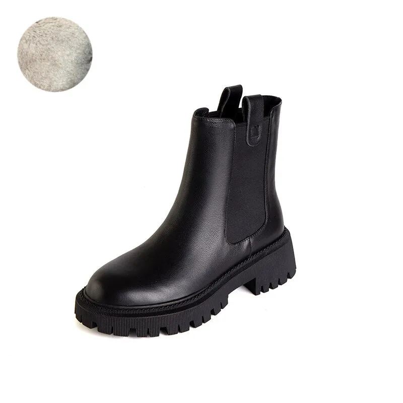 Purpdrank - Autumn Winter GENUINE LEATHER Chelsea Boots High Quality Women Boots Slip-On Platform Shoes Chunky Heel Ankle Boots Women Shoes