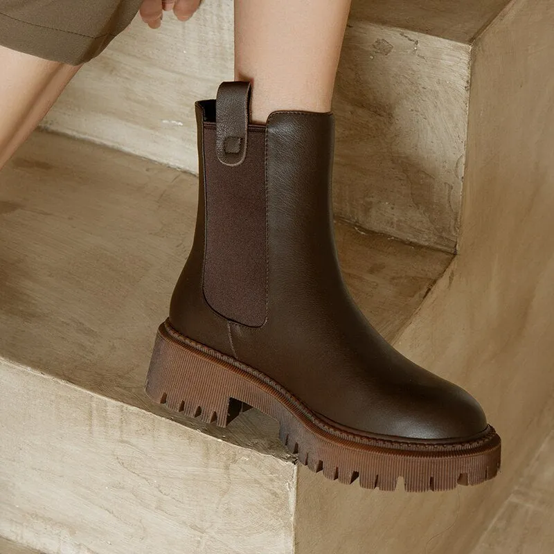 Purpdrank - Autumn Winter GENUINE LEATHER Chelsea Boots High Quality Women Boots Slip-On Platform Shoes Chunky Heel Ankle Boots Women Shoes