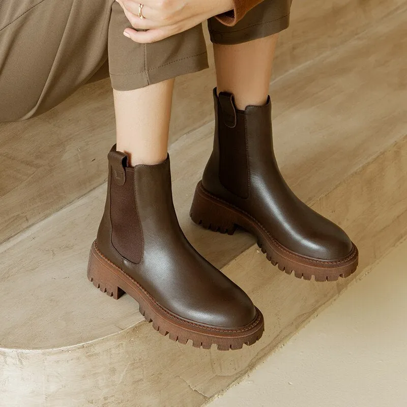 Purpdrank - Autumn Winter GENUINE LEATHER Chelsea Boots High Quality Women Boots Slip-On Platform Shoes Chunky Heel Ankle Boots Women Shoes