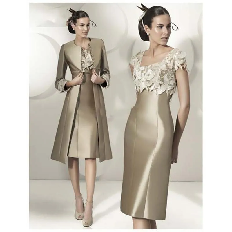 Purpdrank - Exquisite Bronze Short Sleeve Mother of the Bride Dresses With Jacket Wedding Party Gowns Knee Length Square Neckline Florals