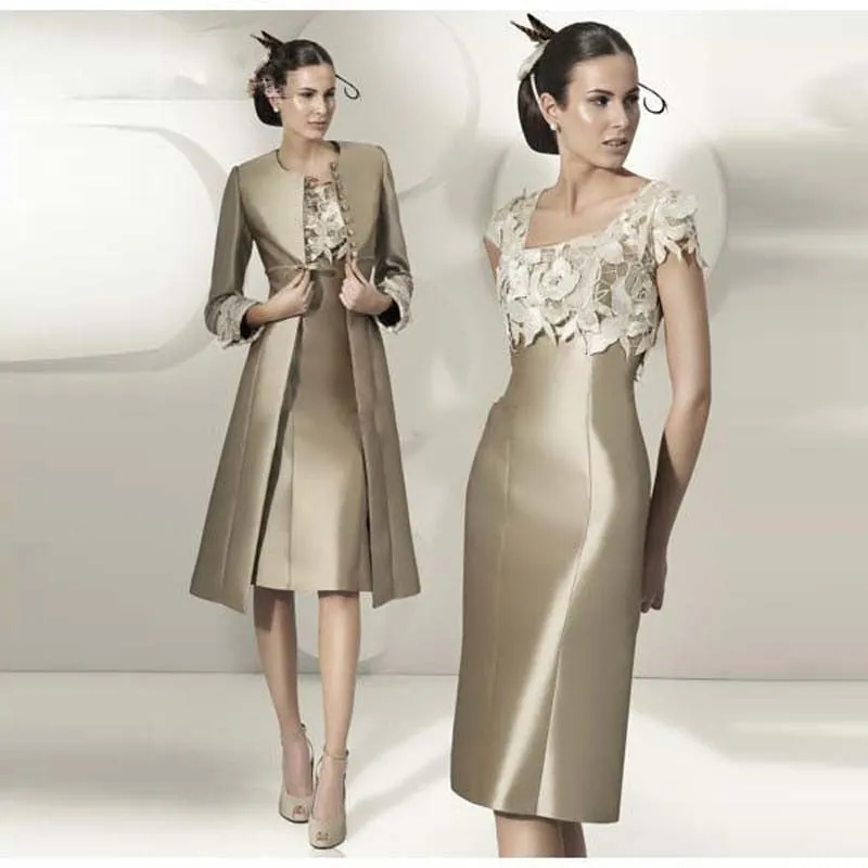 Purpdrank - Exquisite Bronze Short Sleeve Mother of the Bride Dresses With Jacket Wedding Party Gowns Knee Length Square Neckline Florals