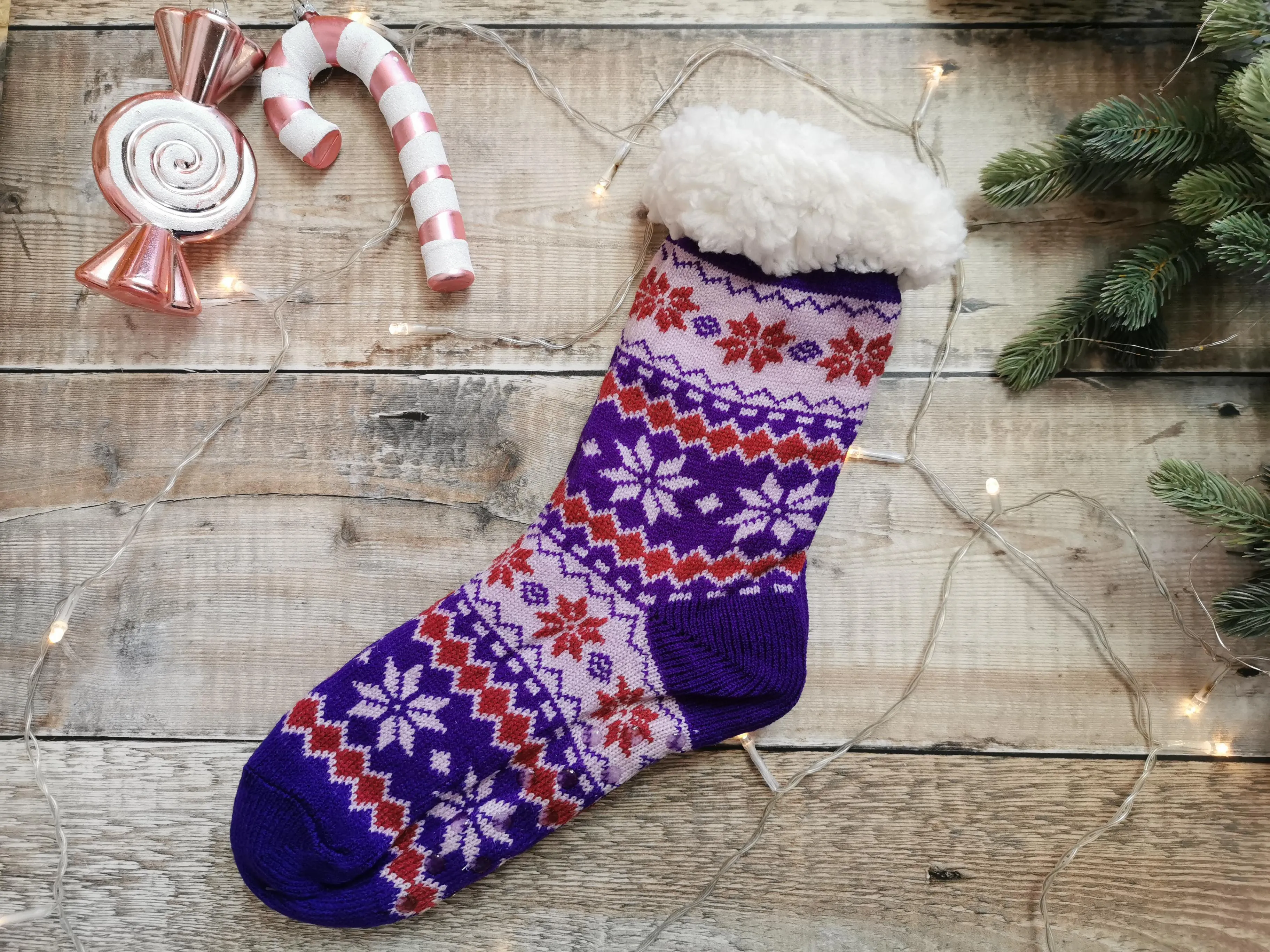 Purple Fairisle Fleece Lined Chunky Knit Slipper Socks