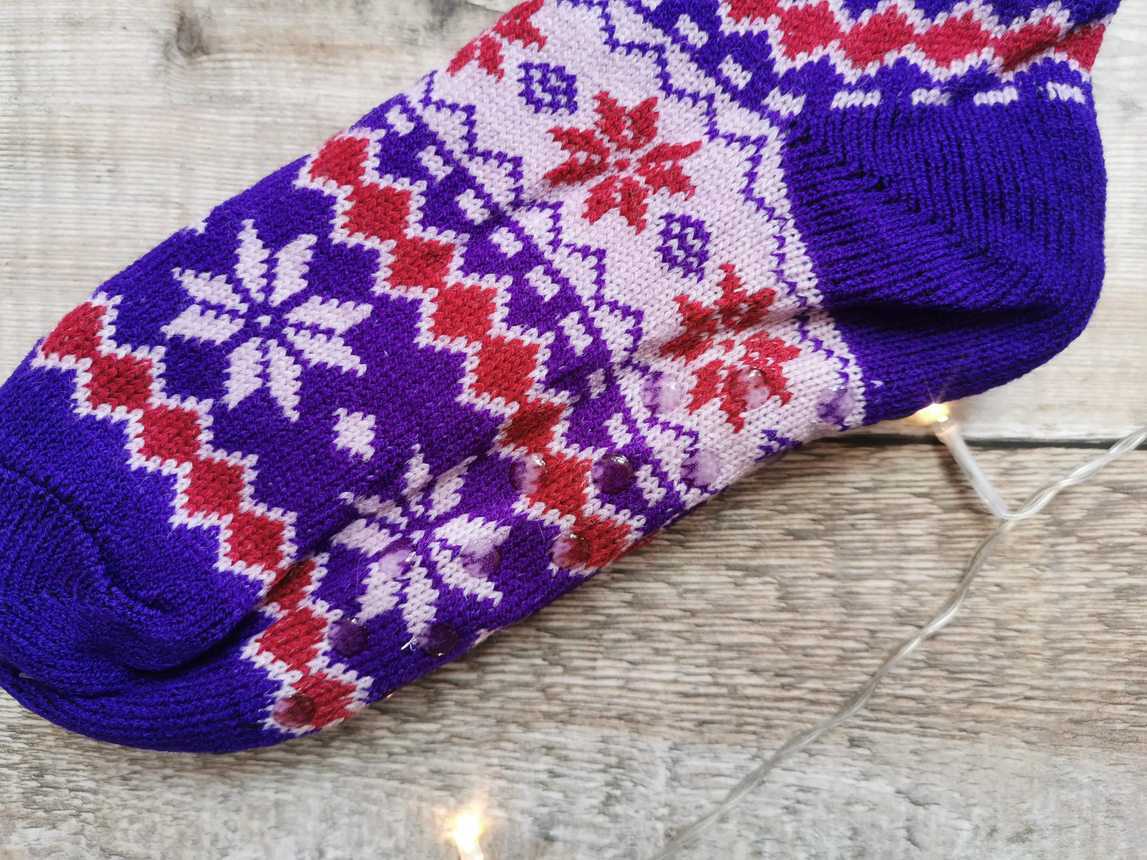 Purple Fairisle Fleece Lined Chunky Knit Slipper Socks