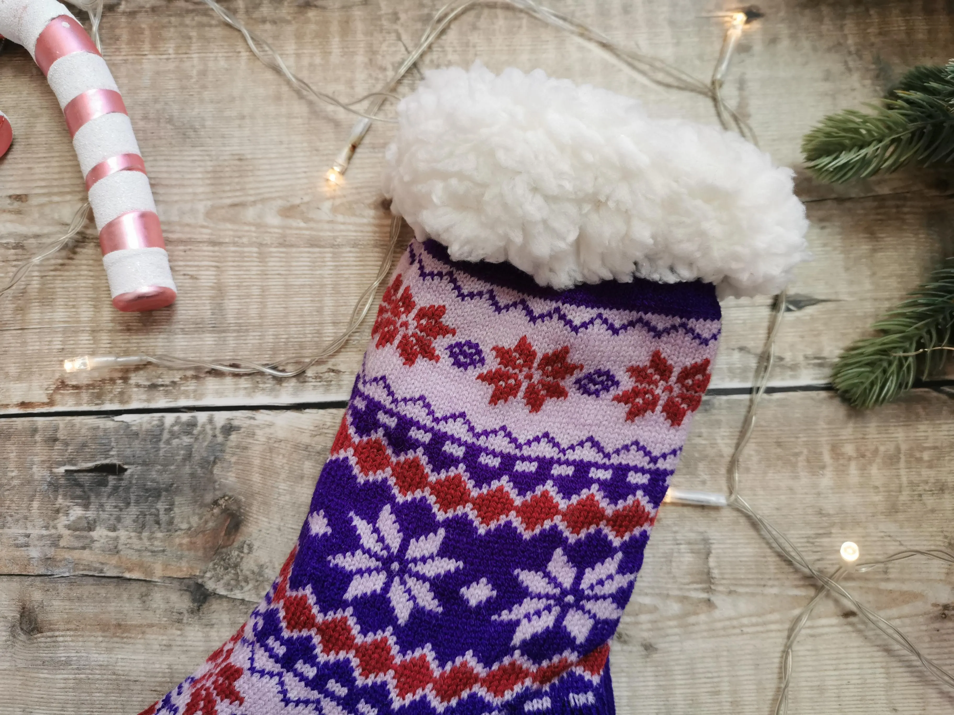 Purple Fairisle Fleece Lined Chunky Knit Slipper Socks