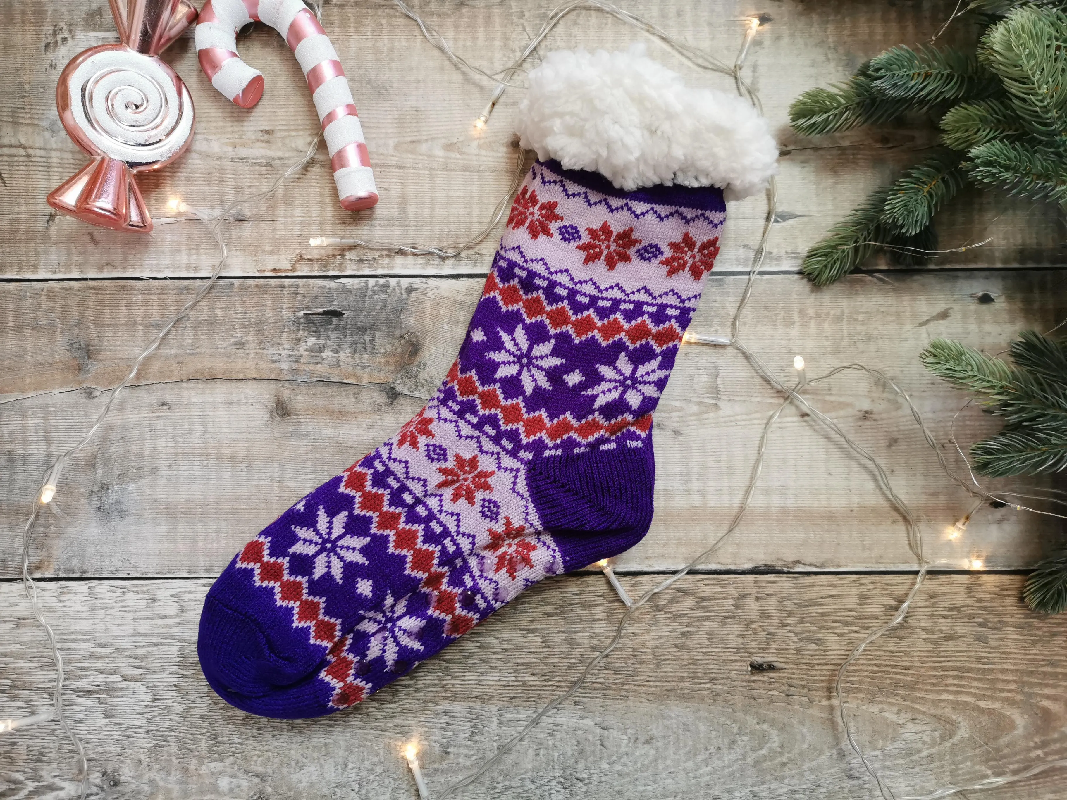 Purple Fairisle Fleece Lined Chunky Knit Slipper Socks