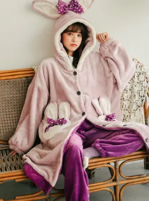 PURPLE RABBIT BOW THICKENED CASHMERE LONG TWO-PIECE ROBE