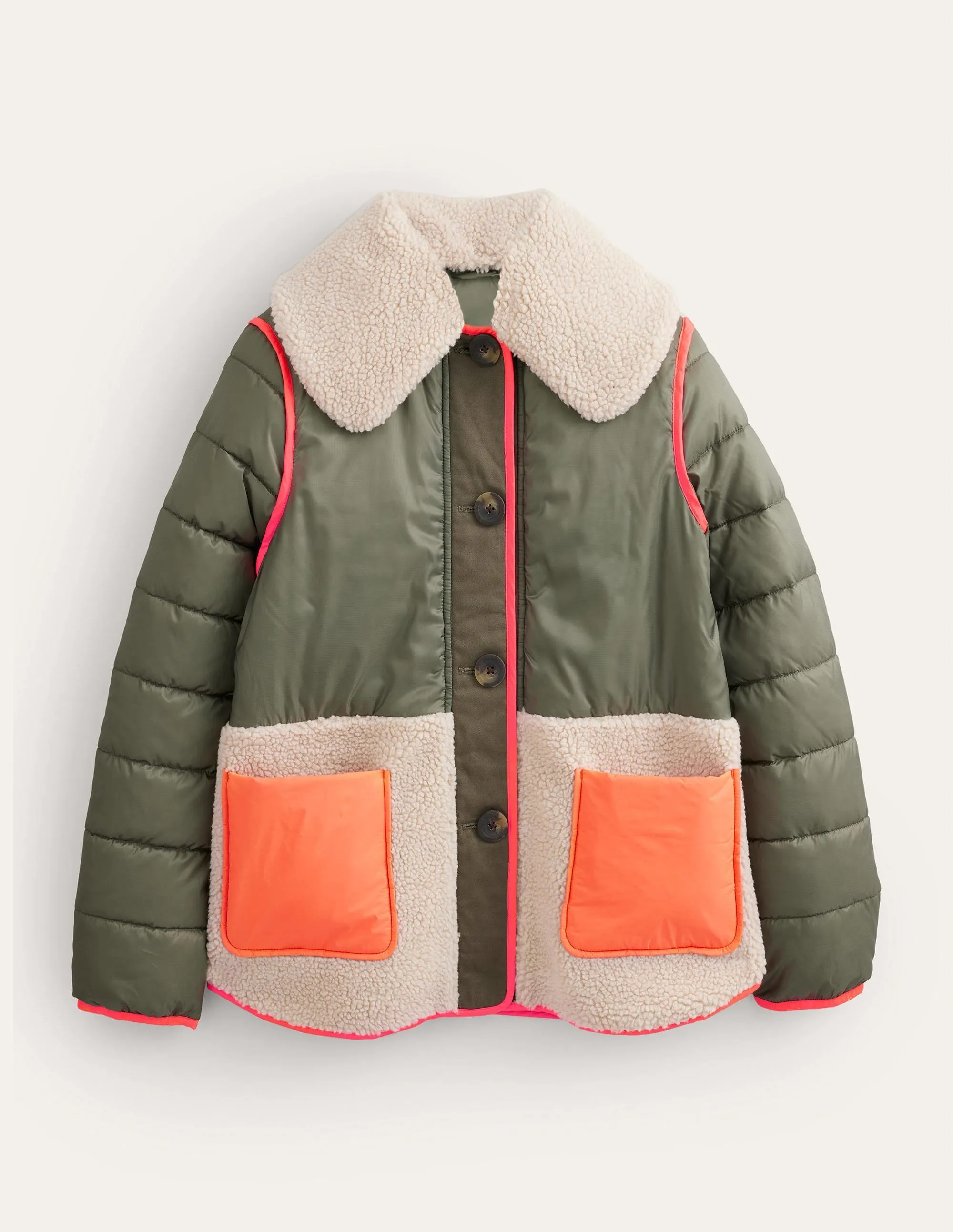 Quilted Borg Jacket-Khaki