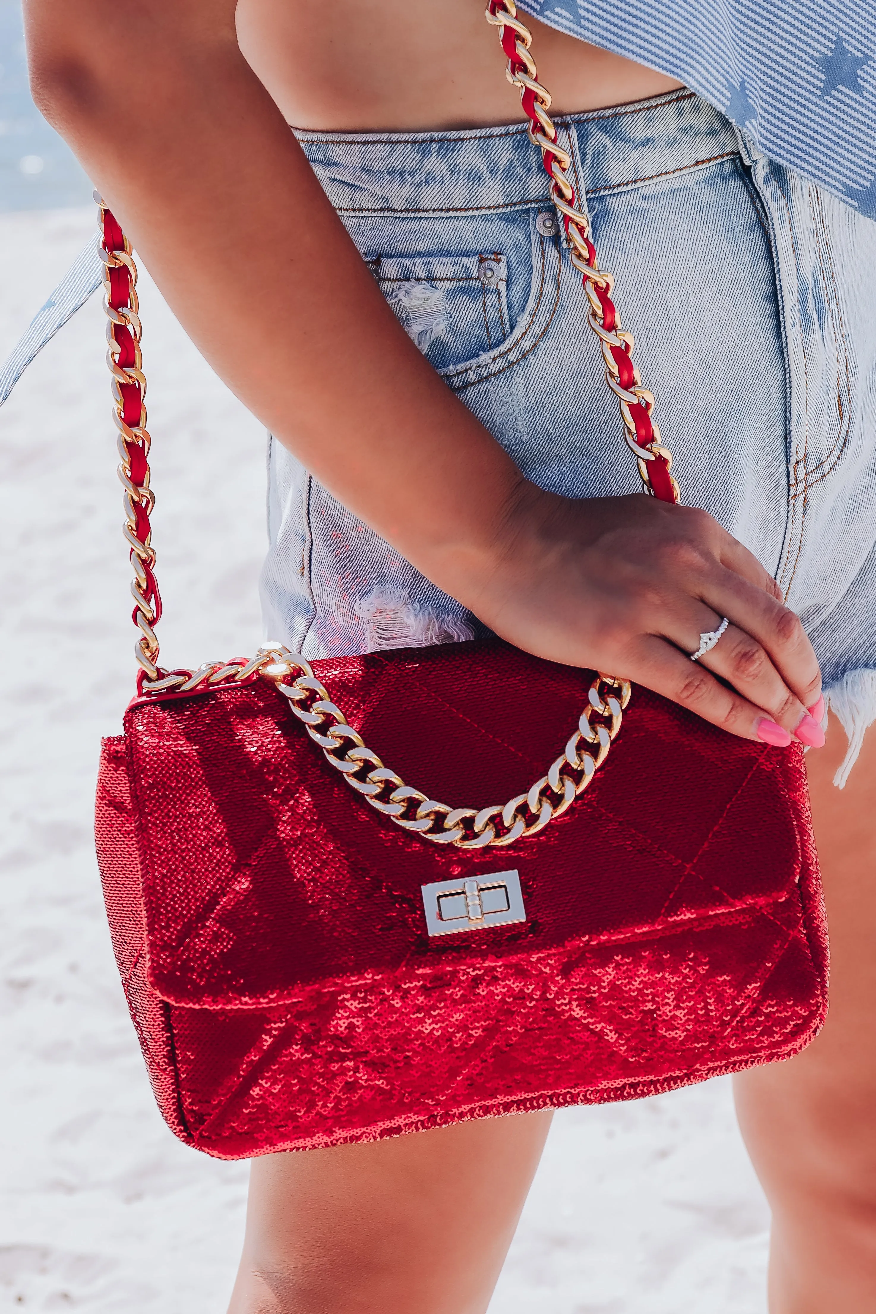 Quilted Sequin Shoulder Bag - Red
