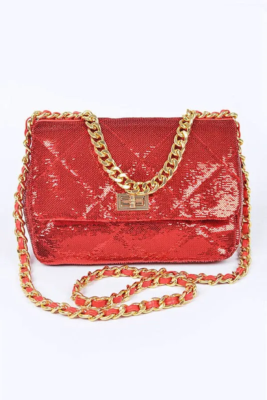 Quilted Sequin Shoulder Bag - Red